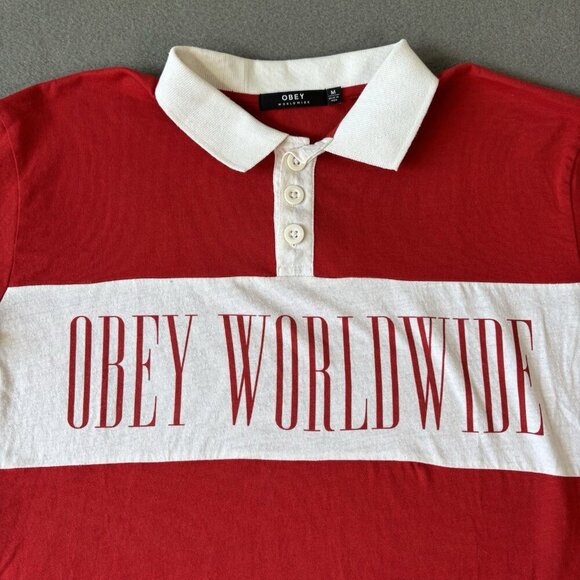OBEY Worldwide Structure Men's Size M Polo Shirt Rugby Red White Striped Y2K VTG - Picture 2 of 14